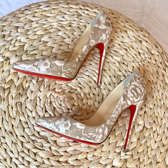 Christian Louboutin Pigalle Follies 120 Beige Floral Red Sole Pump - Picture 8 of 15